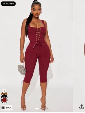 2 piece matching set Fashion Nova Ribbed Lace-Up Capri Jumpsuit in Burgundy